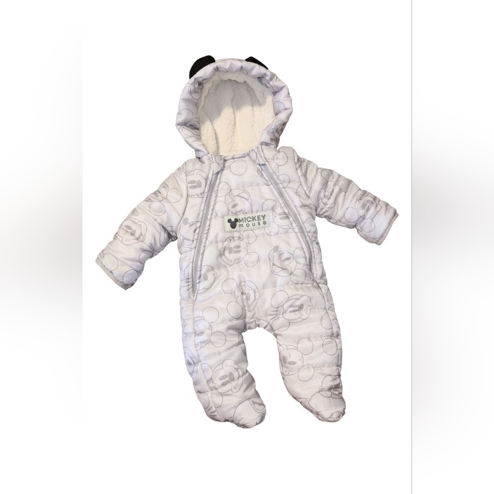 Disney Mickey Mouse Patterned Baby Snowsuit - White and Gray
